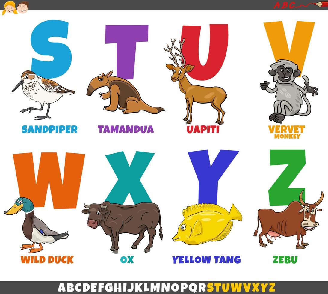 educational alphabet set with cartoon animal characters vector