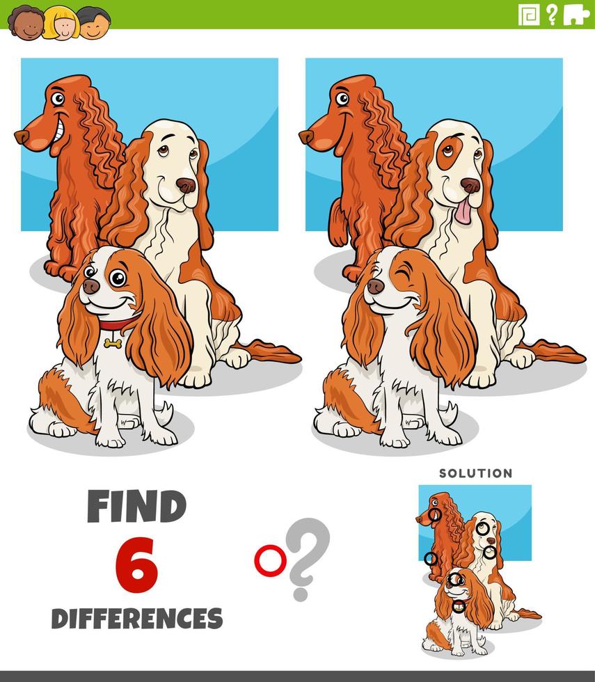 differences game with cartoon spaniel dogs characters vector