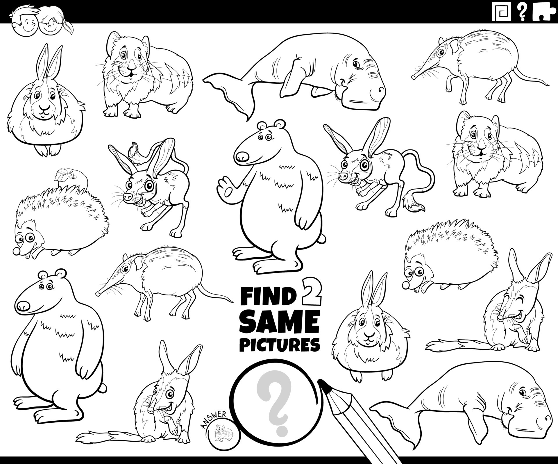 find two same comic animals game coloring book page 20 Vector ...