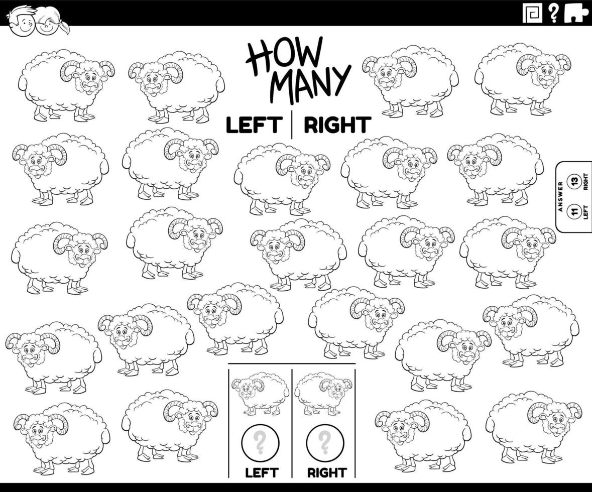 count left and right pictures of cartoon sheep coloring book page vector