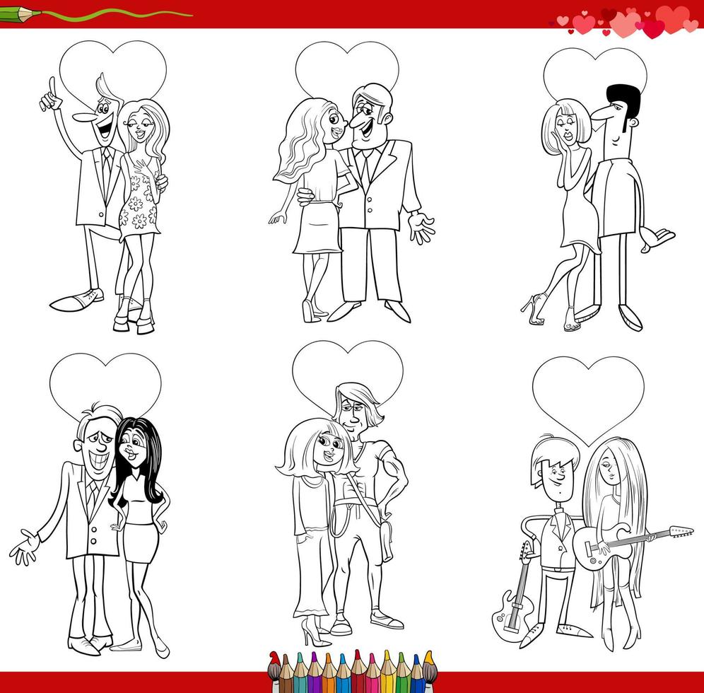 cartoon couples in love on Valentine Day coloring book page vector