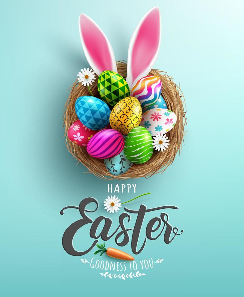 Easter poster and banner template with Easter eggs in the nest on light green background.Greetings and presents for Easter Day in flat lay styling.Promotion and shopping template for Easter vector