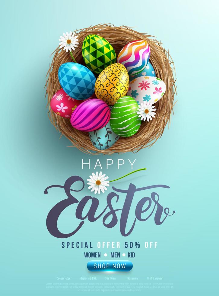 Easter poster and banner template with Easter eggs in the nest on light green background.Greetings and presents for Easter Day in flat lay styling.Promotion and shopping template for Easter vector