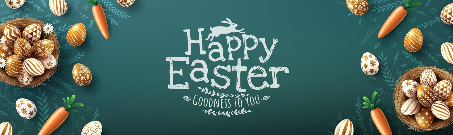 Easter poster and banner template with golden Easter eggs in the nest on blackboard.Greetings and presents for Easter Day in flat lay styling.Promotion and shopping template for Easter vector