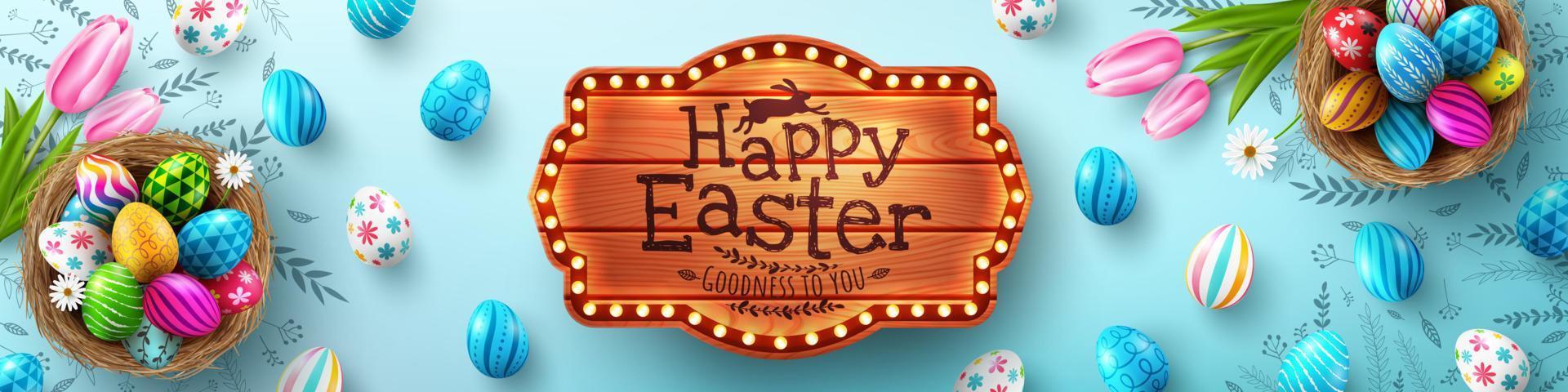 Easter poster and banner template with Easter eggs in the nest on light blue background.Greetings and presents for Easter Day in flat lay styling.Promotion and shopping template for Easter vector