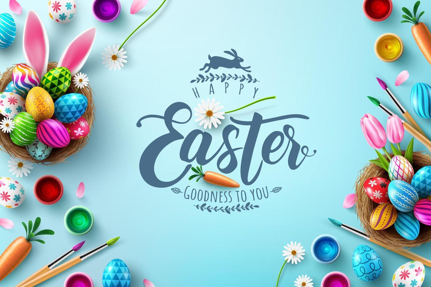 Easter poster and banner template with Easter eggs in the nest on light green background.Greetings and presents for Easter Day in flat lay styling.Promotion and shopping template for Easter vector