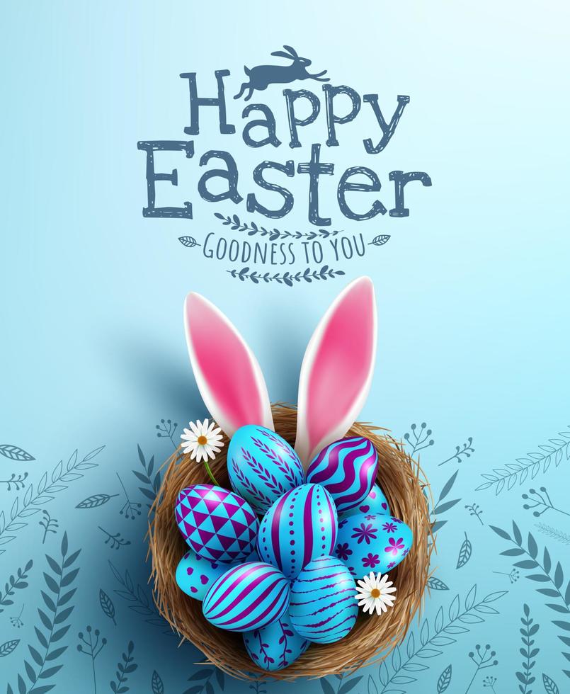 cartel de pascua y plantilla de pancarta con huevos de pascua en el nido sobre fondo azul claro.saludos y regalos para el día de pascua en estilo plano.promoción y plantilla de compras para pascua vector