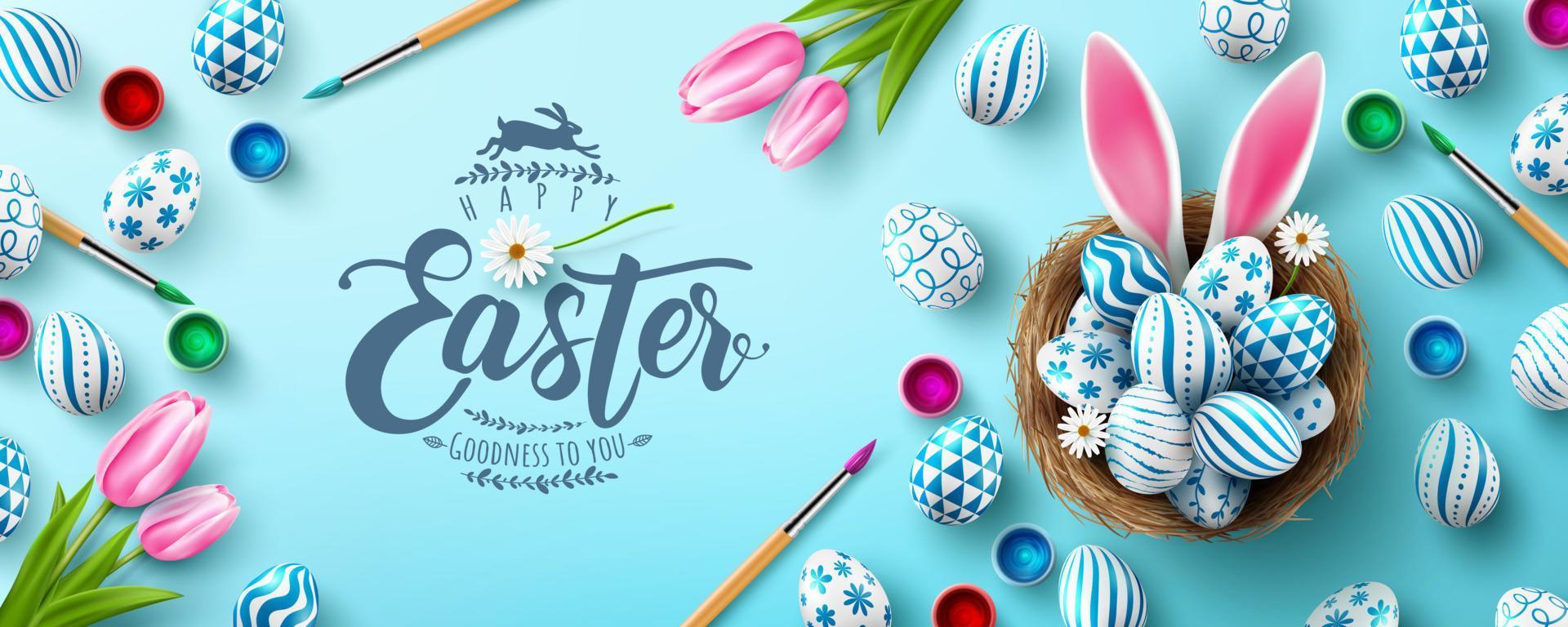 Easter poster and banner template with Easter eggs in the nest on light green background.Greetings and presents for Easter Day in flat lay styling.Promotion and shopping template for Easter vector