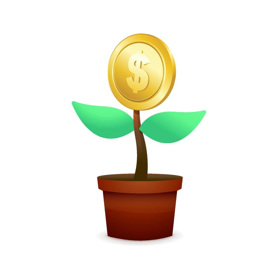 árbol con flor de moneda de oro en maceta sobre fondo blanco. ahorrar dinero para el concepto de inversión a largo plazo. vector