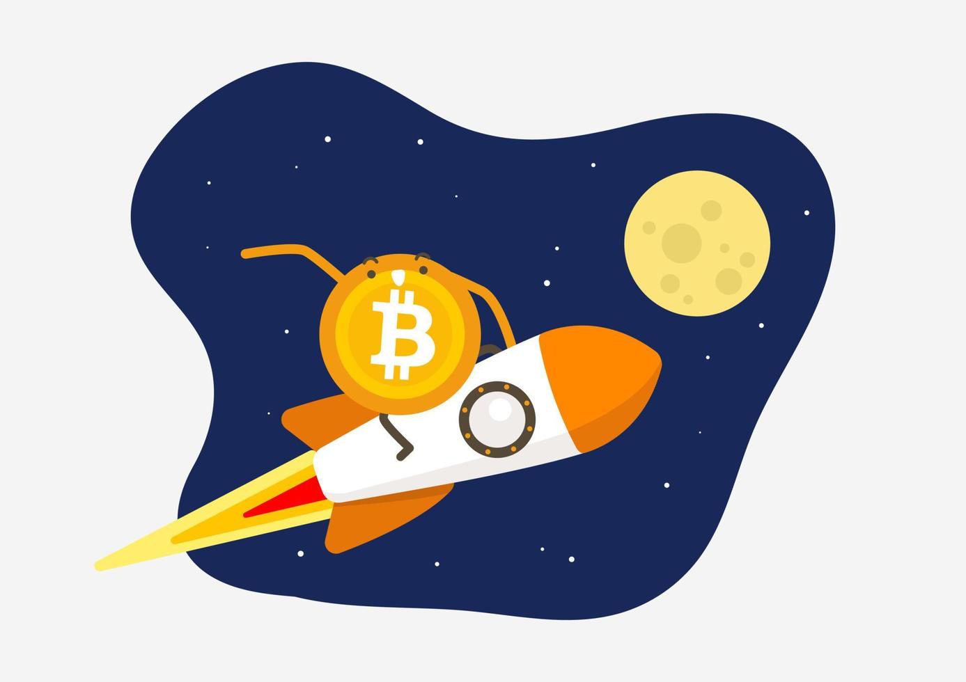 Bitcoin flies on the rocket to the Moon. Cryptocurrency cartoon concept. vector