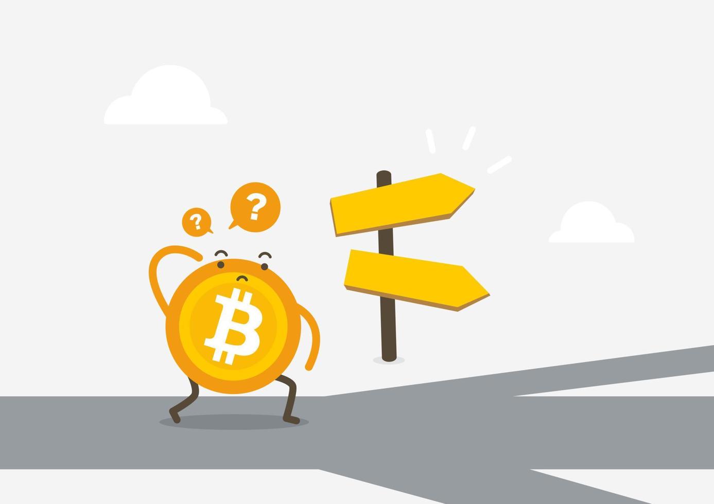 Bitcoin in front of a choice of the way. Cryptocurrency cartoon concept. vector