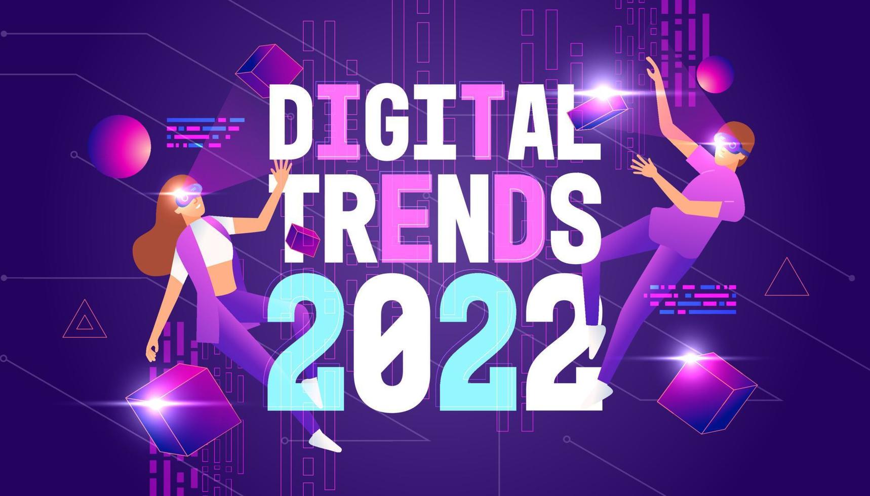 Digital trends 2022 with Metaverse or Virtual reality technology concept. Man and woman in digital glasses. vector
