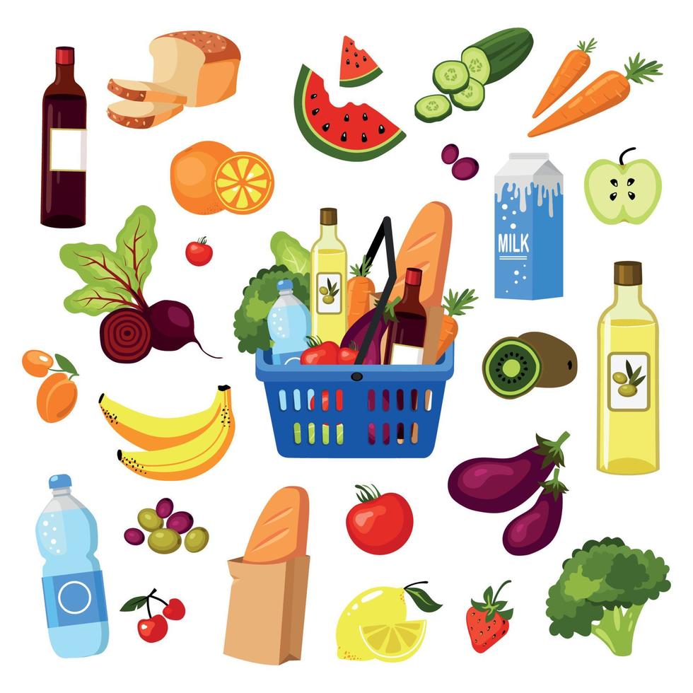 Set for products. Vegetables, fruits, drinks, bread, wine, vegetable oil. vector