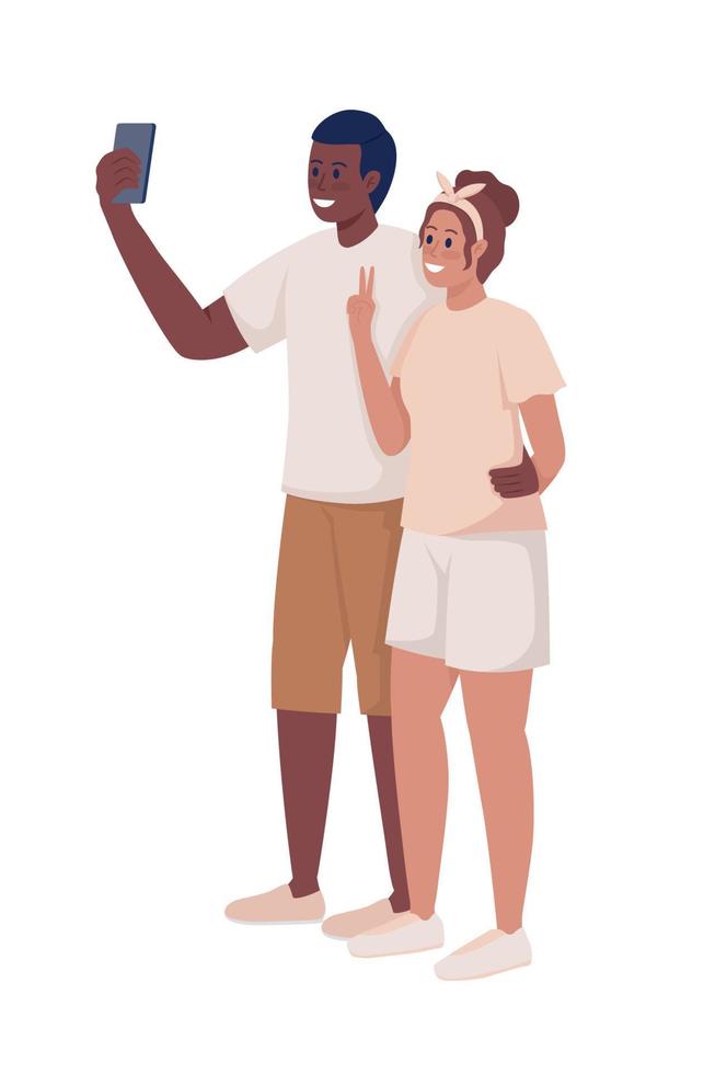Young man and woman posing for picture semi flat color vector characters
