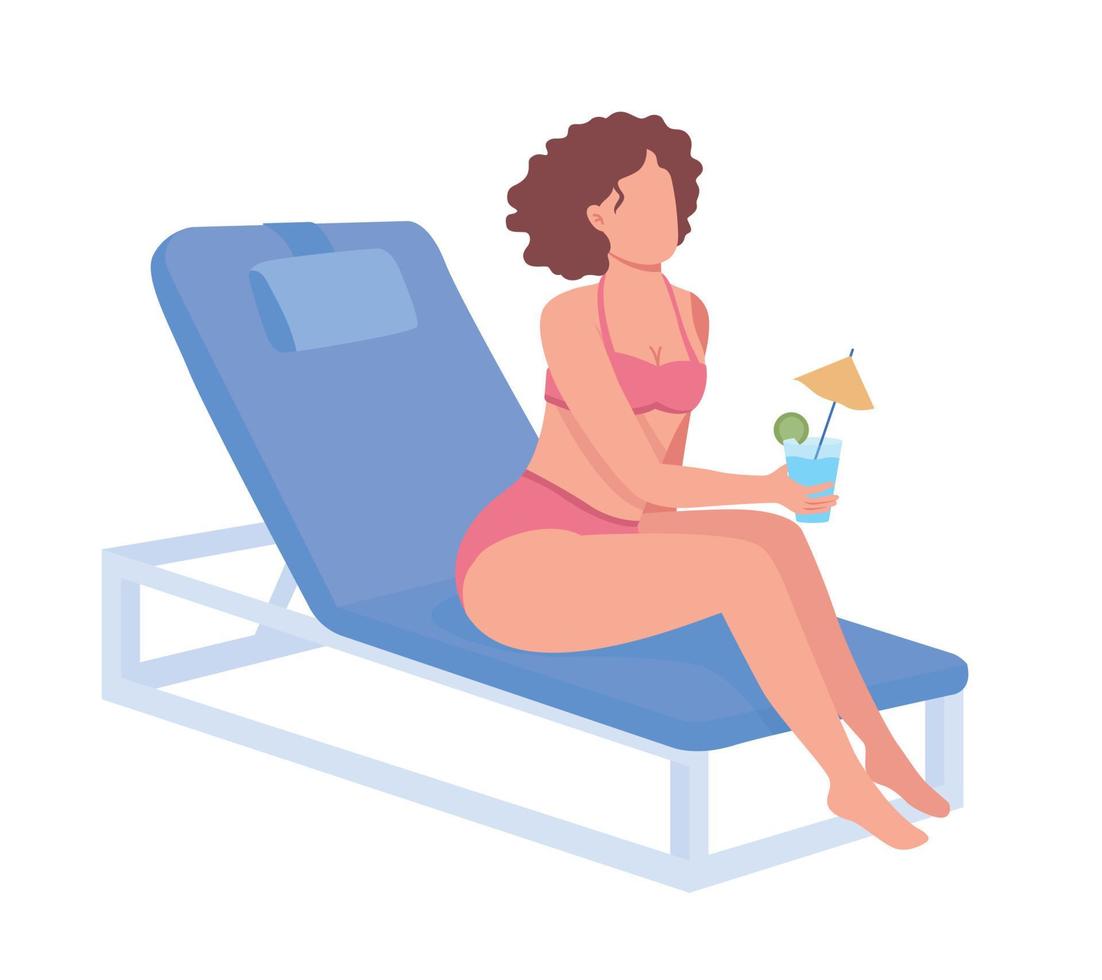 Young woman in swimsuit with cocktail semi flat color vector character