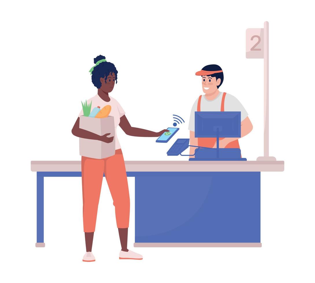 mujer pagando en la tienda carácter vectorial de color semiplano vector