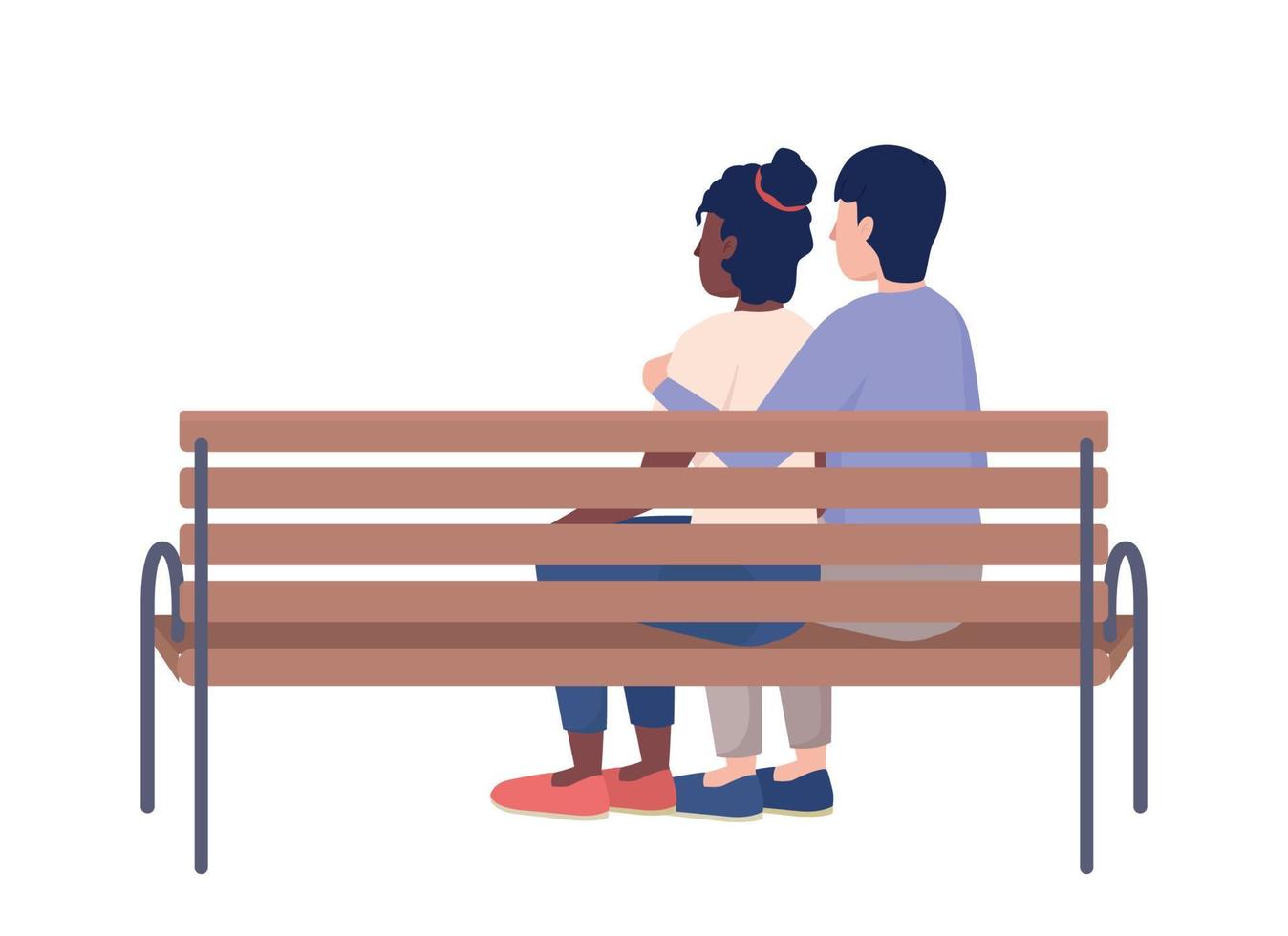 Embracing couple on bench semi flat color vector characters