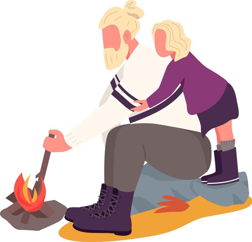 Dad and daughter making fire semi flat color vector character