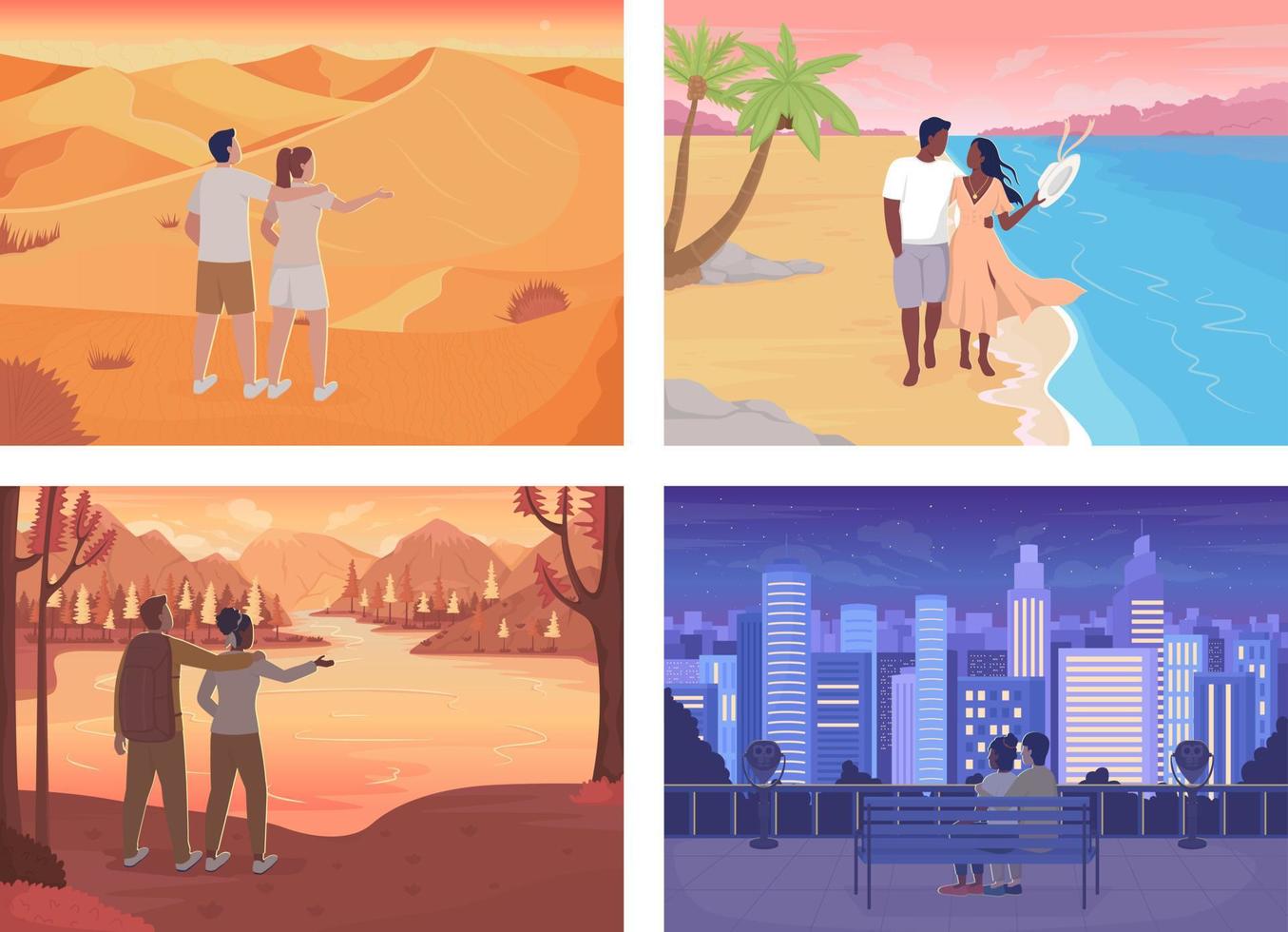 Romantic getaway with beloved flat color vector illustration set