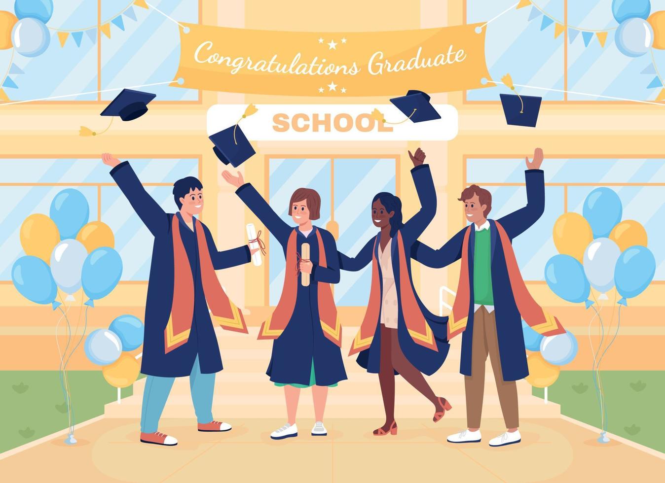 Graduation ceremony flat color vector illustration
