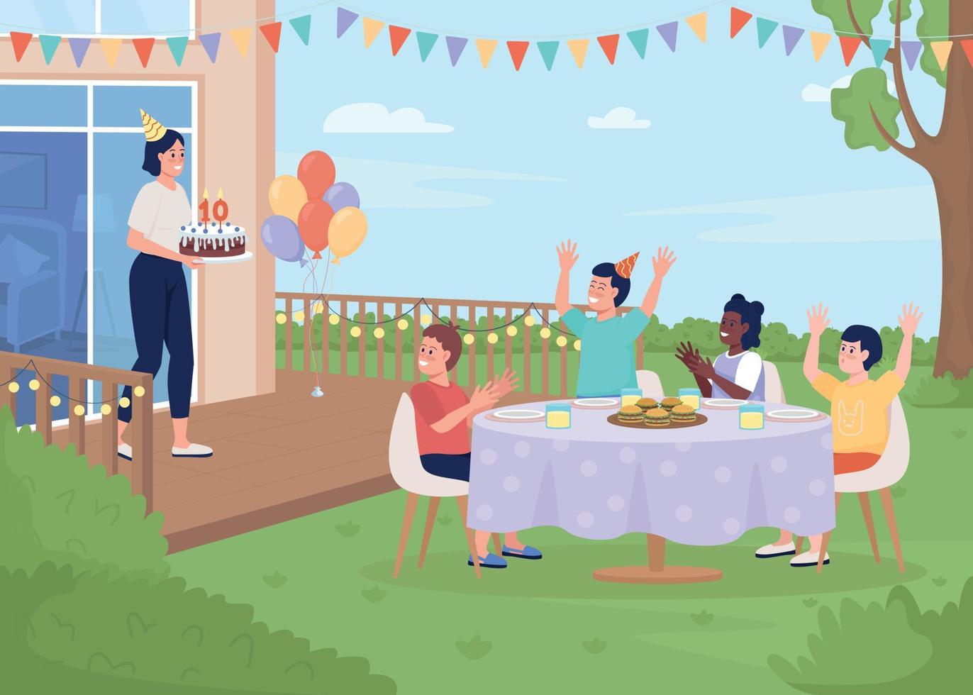 Kids celebrating birthday flat color vector illustration