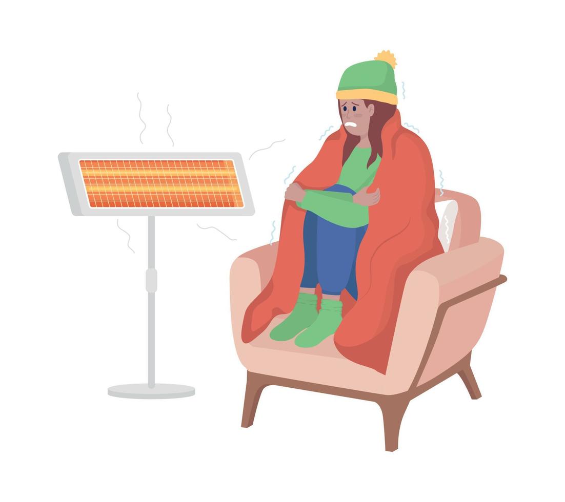 Cold girl at heater lamp semi flat color vector character