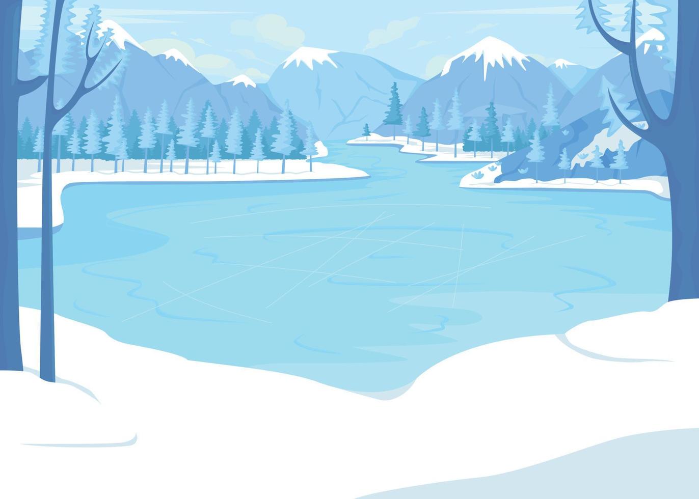 Frozen lake for skating surrounded by mountains flat color vector illustration