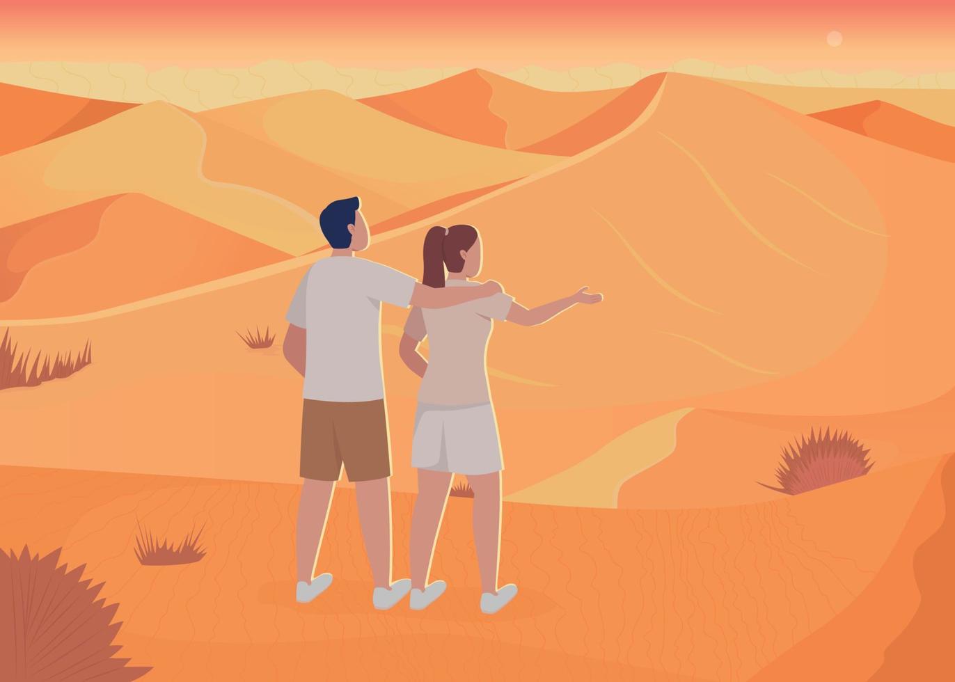 Couple surrounded by sand dunes flat color vector illustration