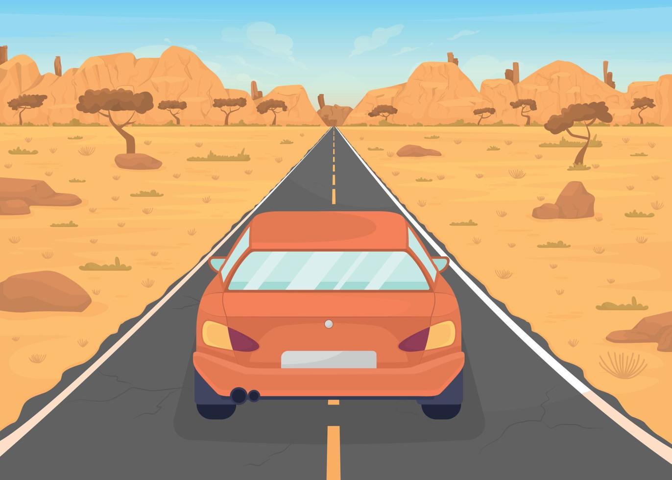 Automobile on desert road flat color vector illustration