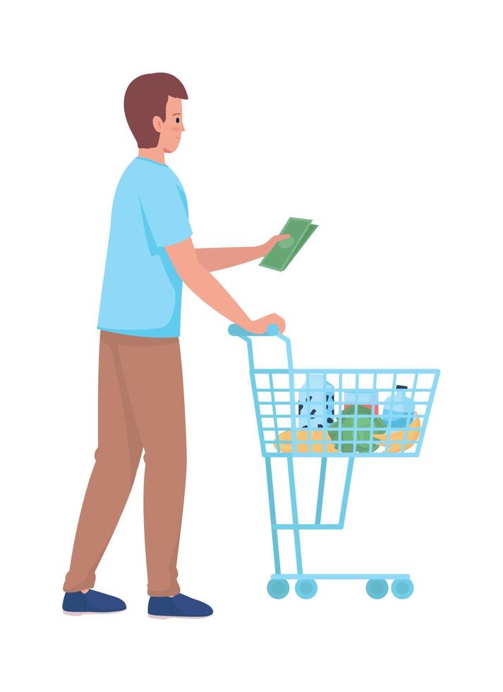 Man with cart and cash semi flat color vector character