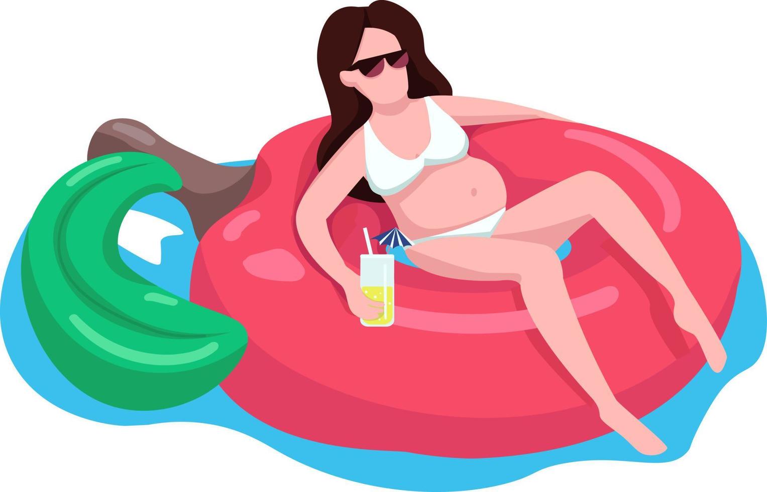 Pregnant woman in cherry air mattress semi flat color vector character