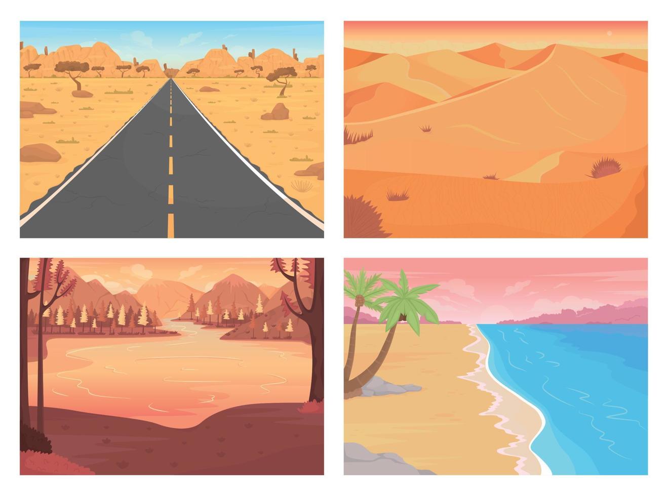 Summer landscapes flat color vector illustration set