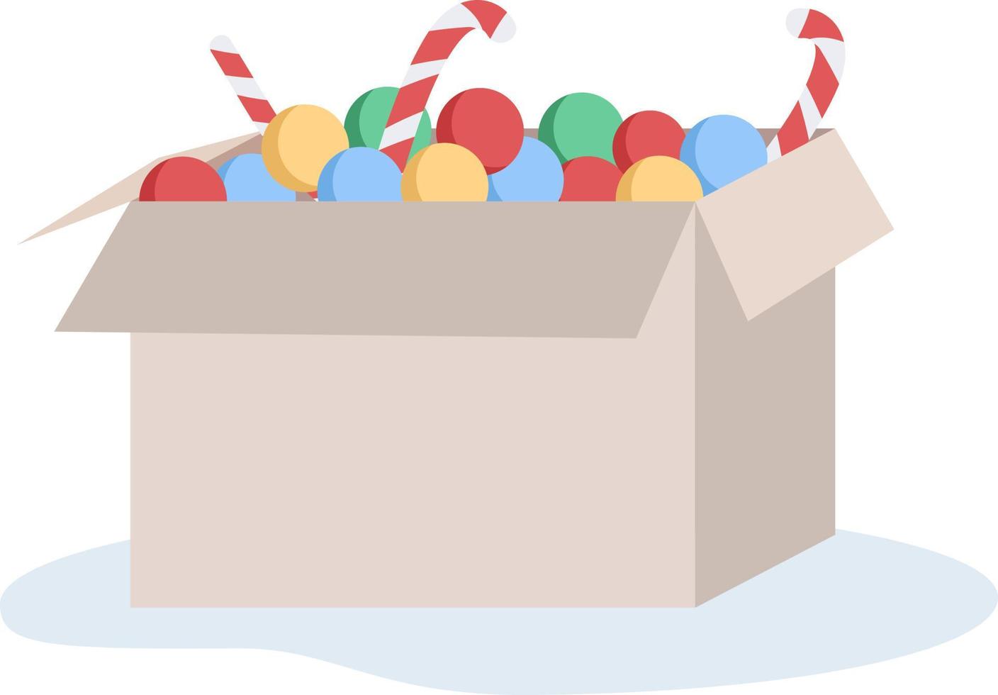 adornos navideños en caja objeto de vector de color semi plano