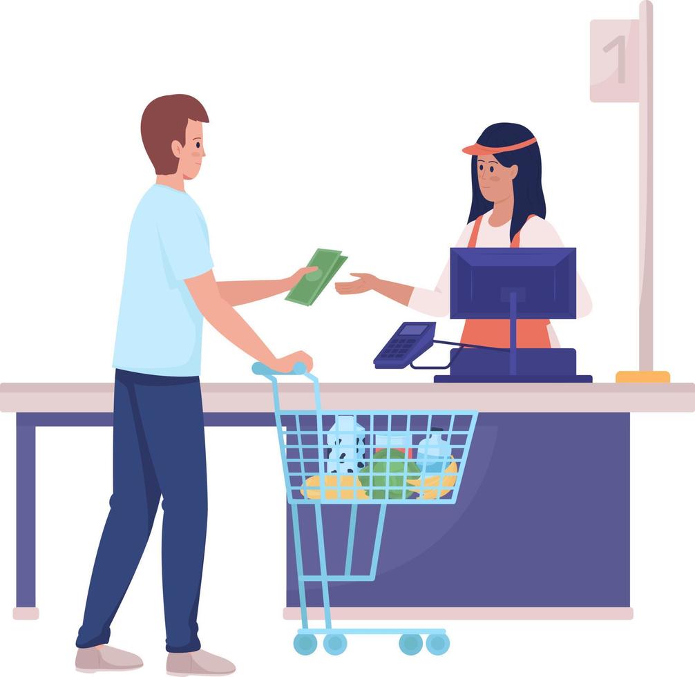 Customer pay to cashier semi flat color vector characters