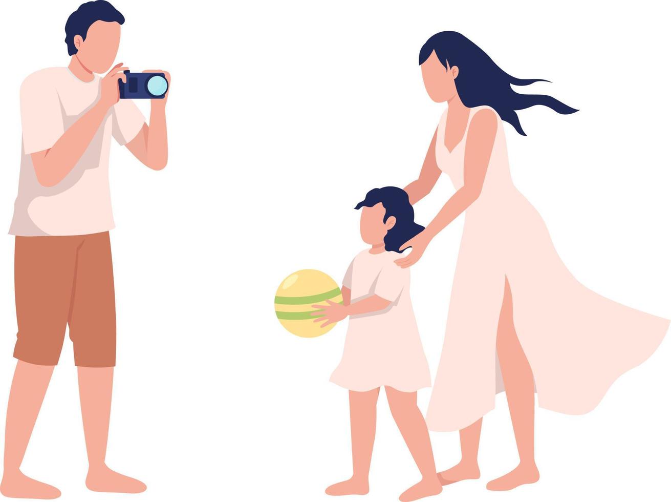 hombre tomando fotos de hija y esposa personajes vectoriales de color semiplano vector