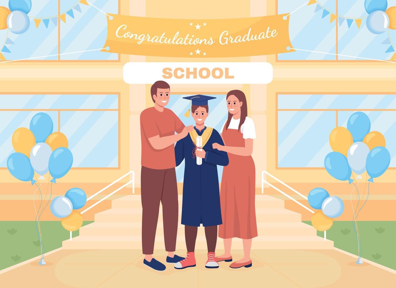 High school graduate with mom, dad flat color vector illustration