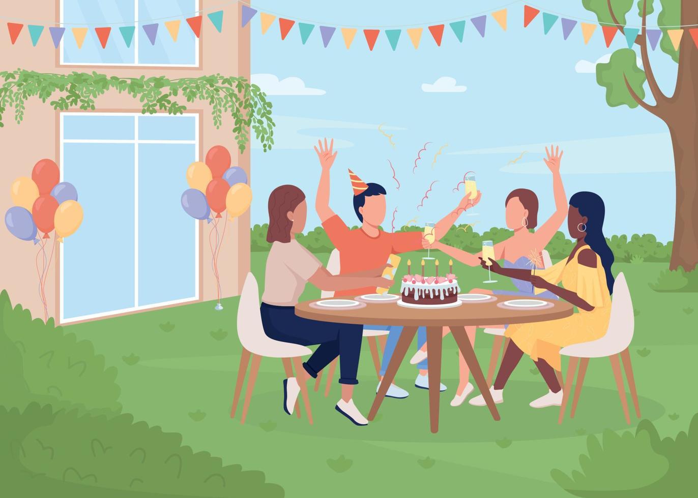 Outdoor birthday party flat color vector illustration