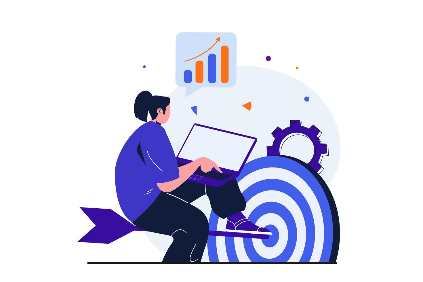 Business target modern flat concept for web banner design. Businesswoman works on laptop, analyzes statistics, studies target audience for accurate hit. Vector illustration with isolated people scene