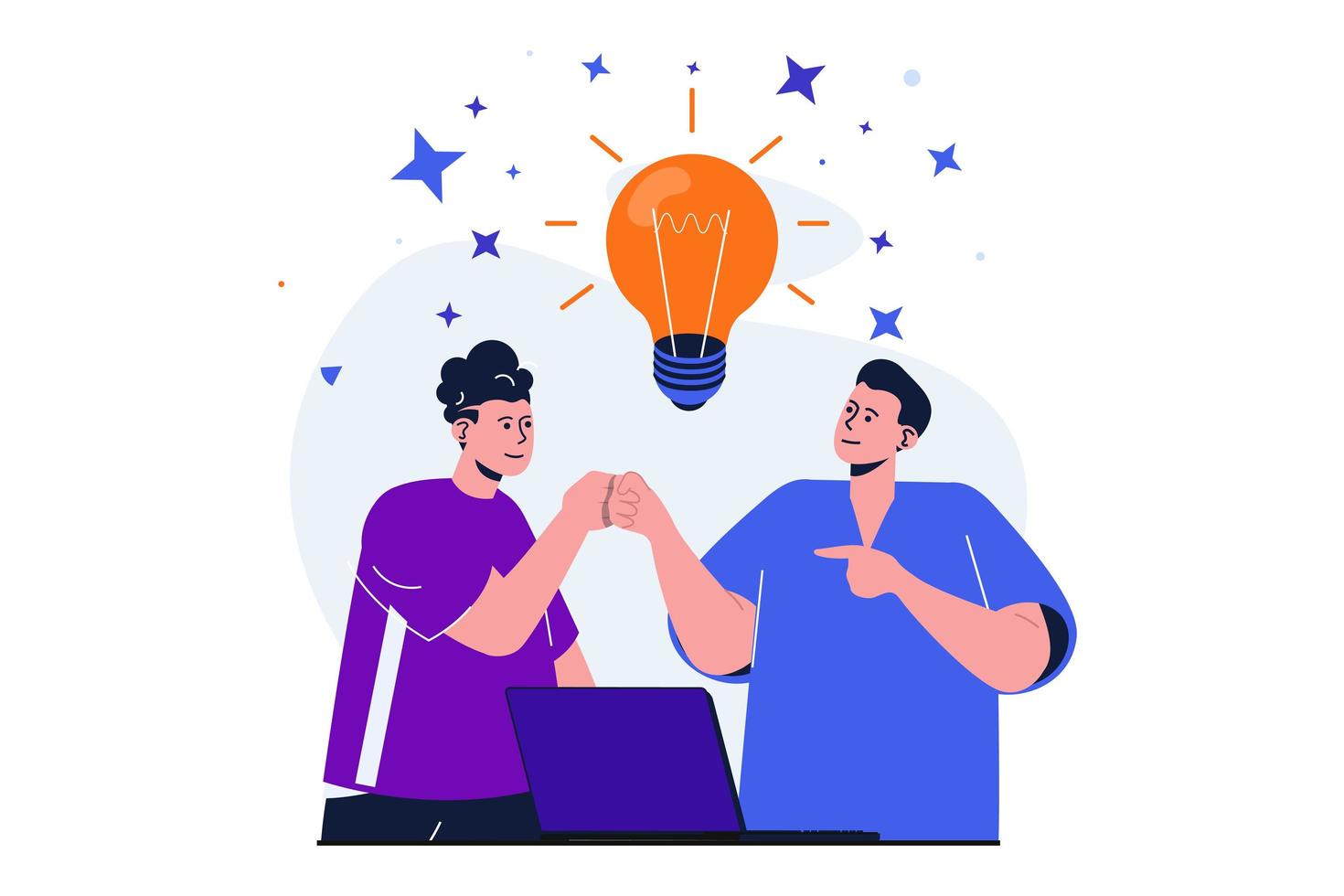 concepto plano moderno de inicio de negocios para diseño de banner web. hombres de negocios colaborando e intercambiando ideas, desarrollando ideas creativas y trabajando juntos. ilustración vectorial con escena de personas aisladas vector