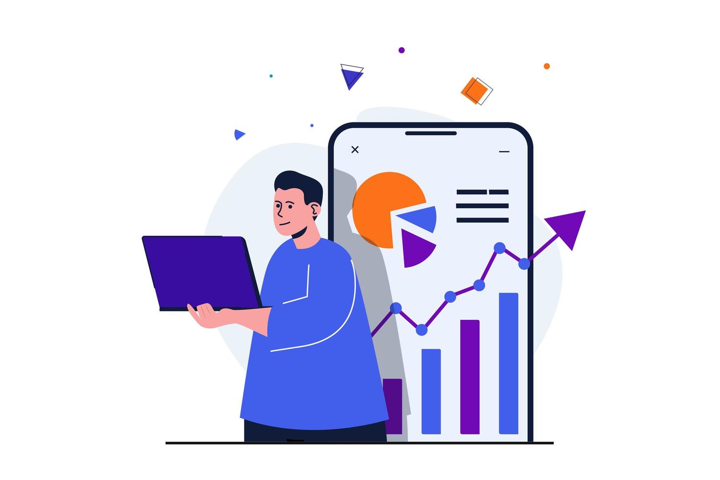 Business growth modern flat concept for web banner design. Man studies graphs and charts with growth of company revenues. Businessman working on laptop. Vector illustration with isolated people scene