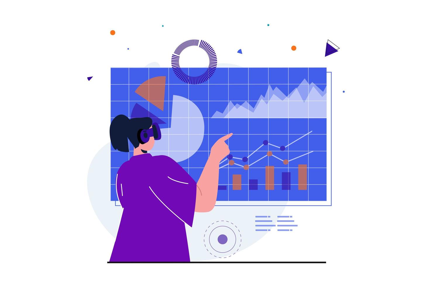 Cyberspace modern flat concept for web banner design. Woman in VR headset interacts with data graph and analysis tools in simulated workspace dashboard. Vector illustration with isolated people scene