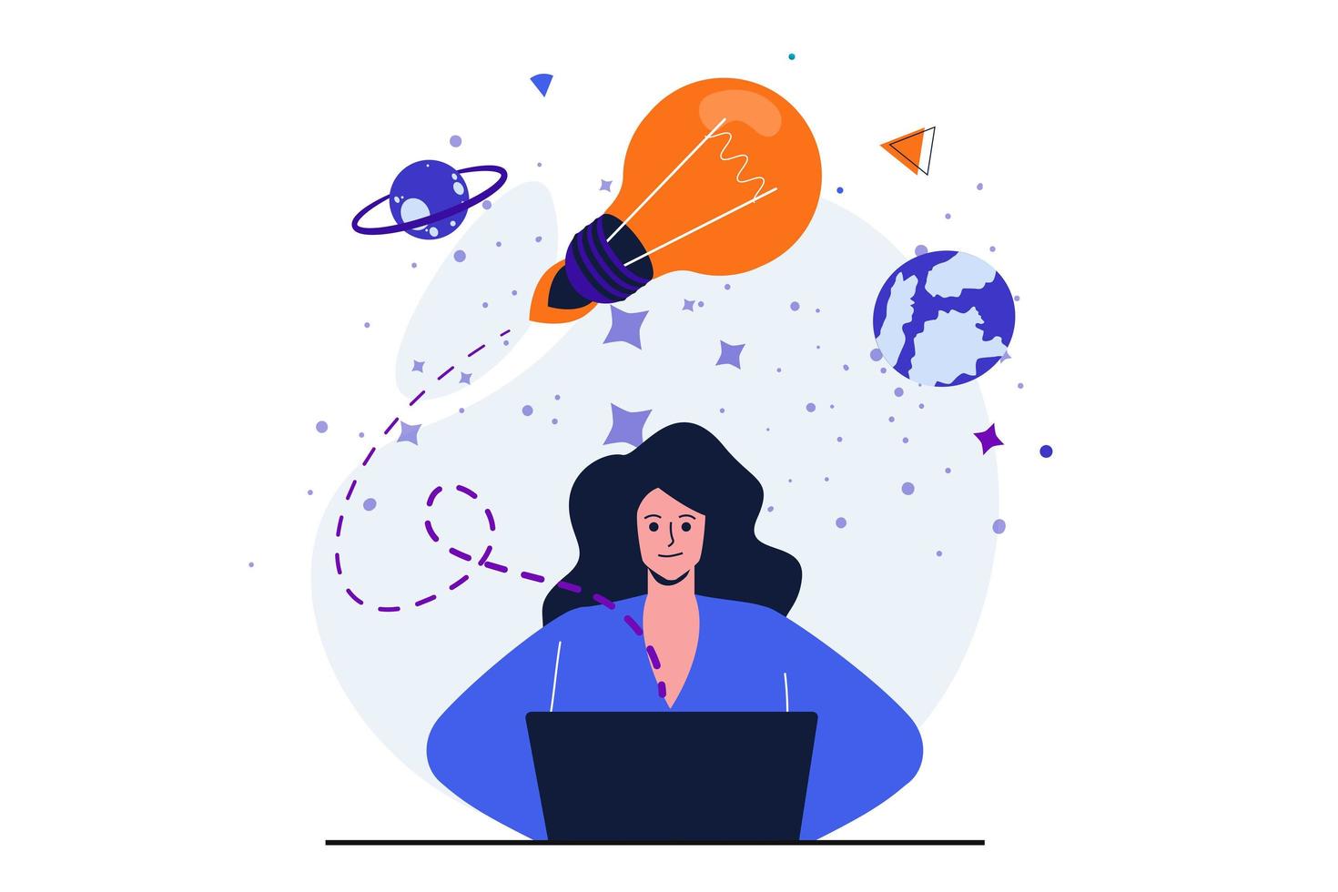 Business startup modern flat concept for web banner design. Woman entrepreneur develops new idea on laptop, analyzes and creates company strategy. Vector illustration with isolated people scene