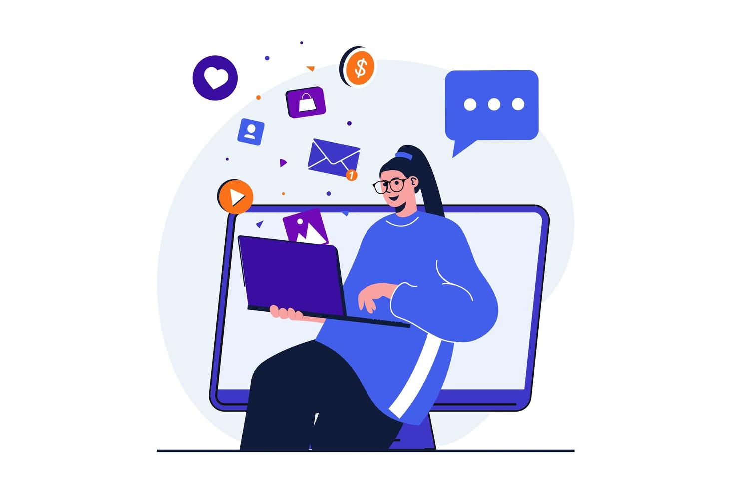 concepto plano moderno de marketing digital para diseño de banner web. mujer vendedora que trabaja en línea en una computadora portátil y publica contenido promocional en las redes sociales. ilustración vectorial con escena de personas aisladas vector