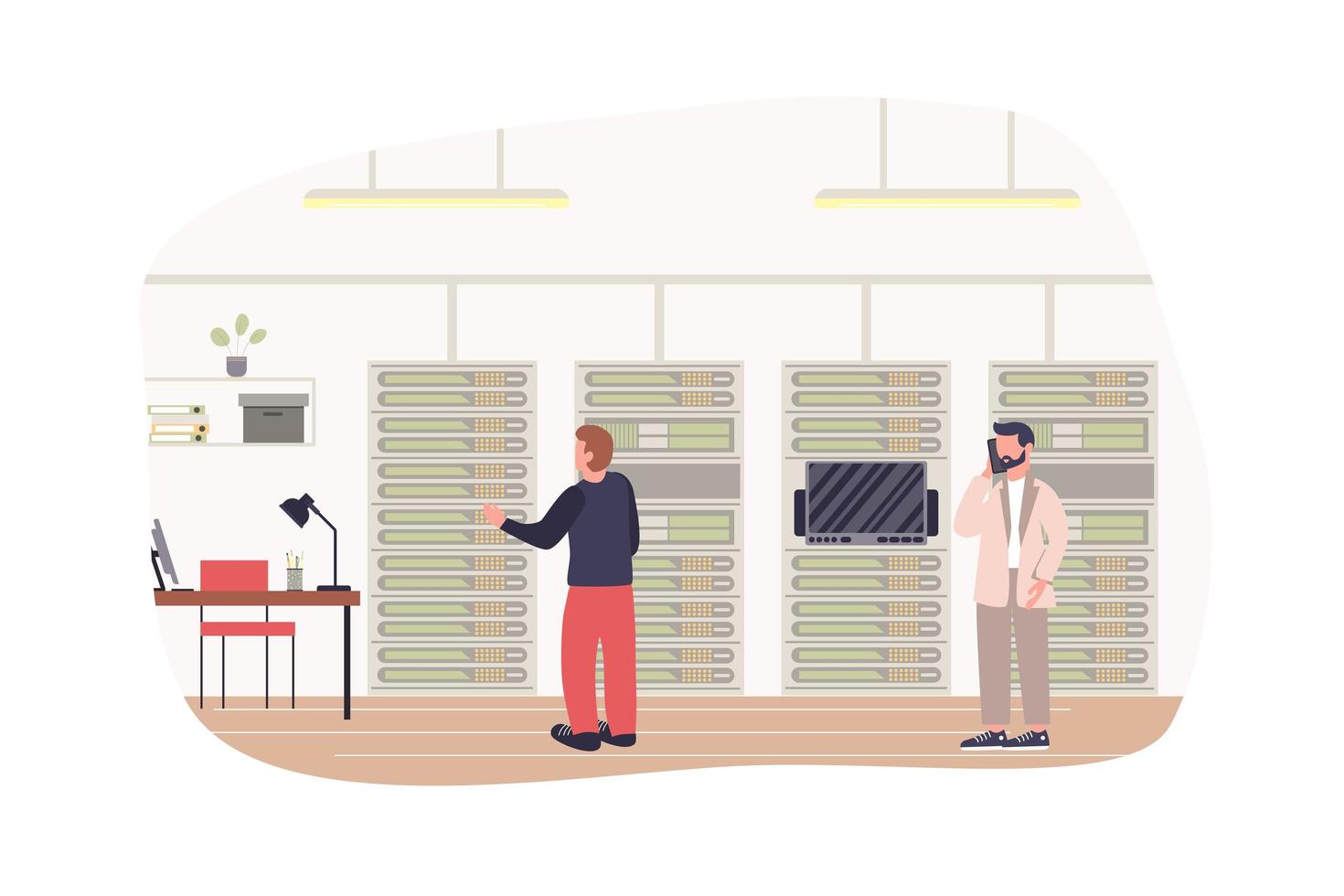 Data center and maintenance staff modern flat concept. Engineers maintain server operation, optimize and administer hardware equipment. Vector illustration with people scene for web banner design