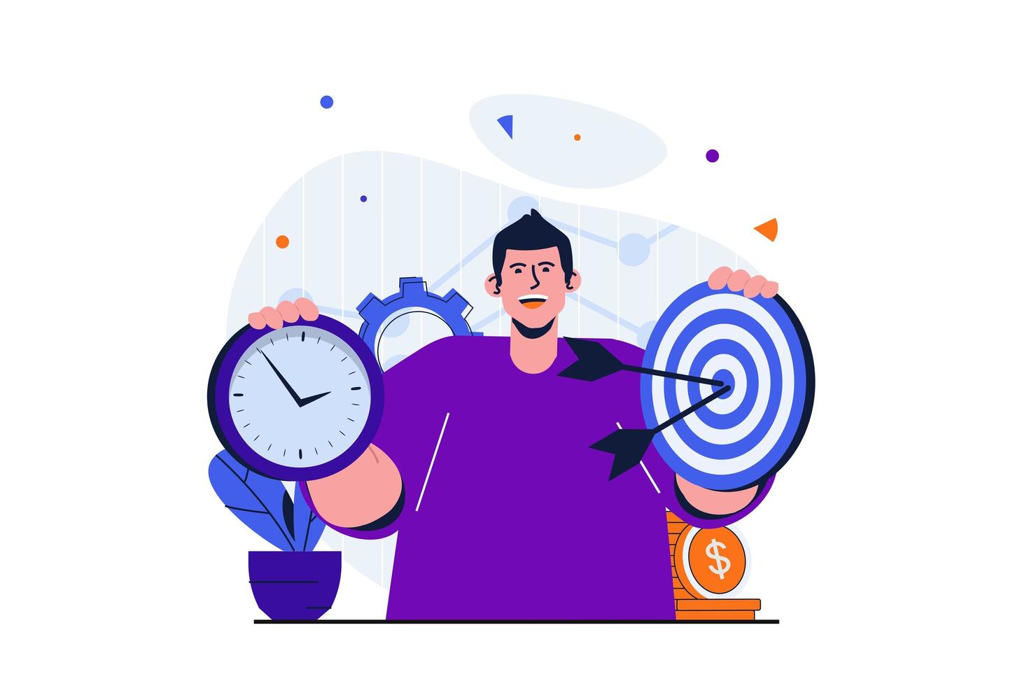 Business target modern flat concept for web banner design. Businessman holding target and clock. Time management, work deadlines and achieving goals. Vector illustration with isolated people scene