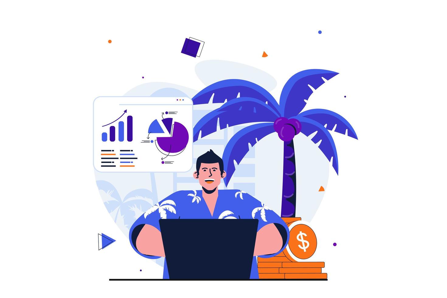 Freelance working modern flat concept for web banner design. Manager analyzes data and statistics from laptop while working online from tropical island. Vector illustration with isolated people scene