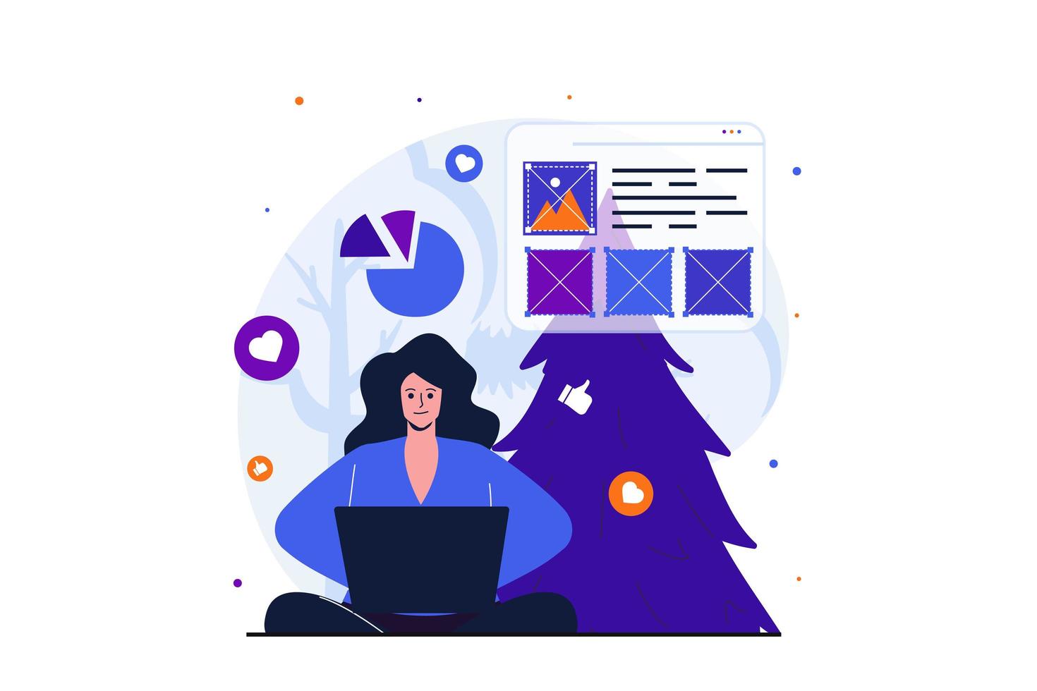 Freelance working modern flat concept for web banner design. Woman designer analyzes data and develops website layout using laptop, working remotely. Vector illustration with isolated people scene