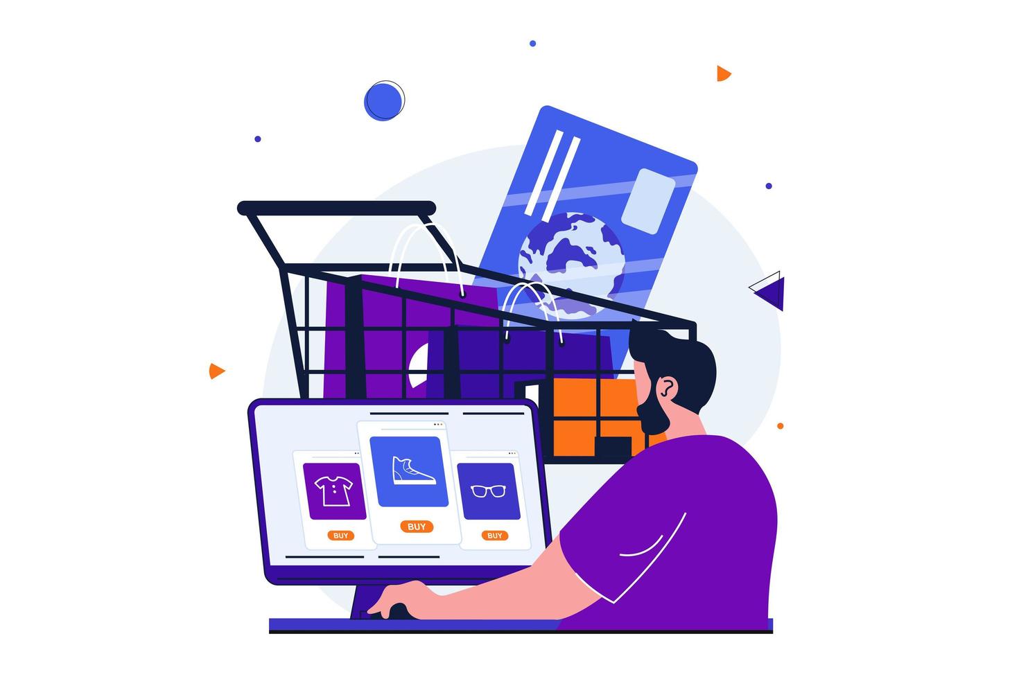 concepto plano moderno de compras en línea para diseño de banner web. el cliente masculino selecciona productos en el sitio web de la tienda en la computadora, ordena y paga con tarjeta de crédito. ilustración vectorial con escena de personas aisladas vector