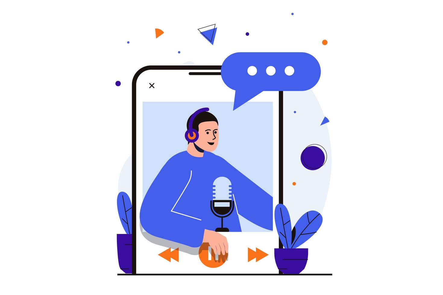 Podcast streaming modern flat concept for web banner design. Man is broadcasting live, talking into microphone. Listening to audio podcasts in app. Vector illustration with isolated people scene