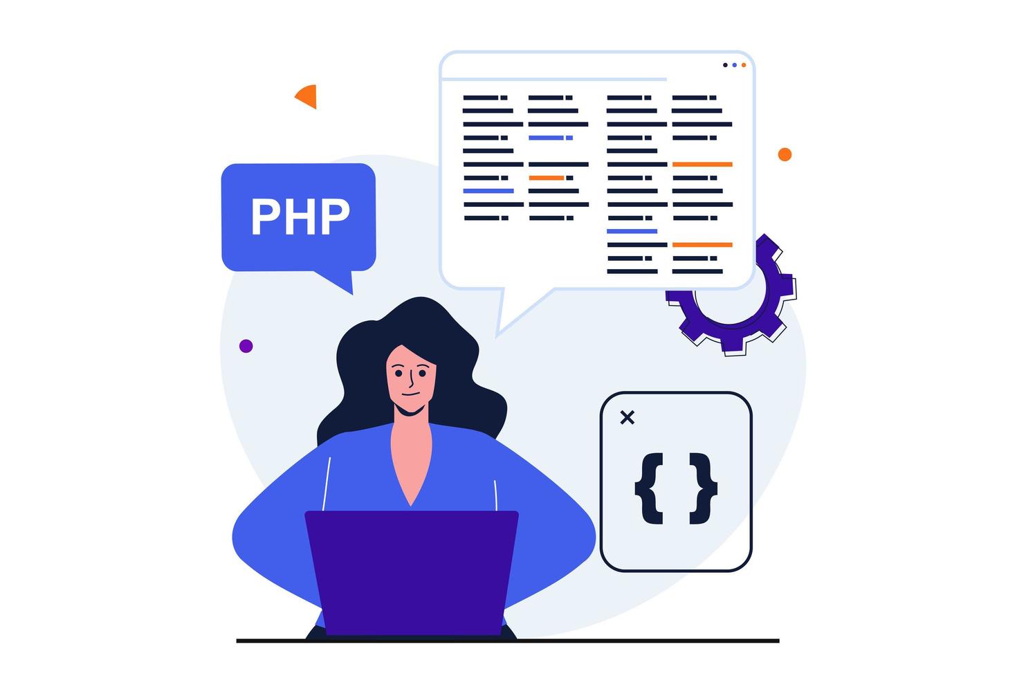 Programmer working modern flat concept for web banner design. Woman developer analyzes and optimizes code on screen, engineering, working at laptop. Vector illustration with isolated people scene